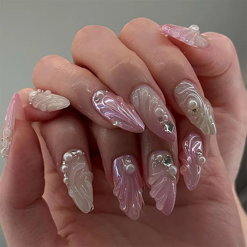 10Pcs White French Fake Nail with Glue Almond Press on False Naills Pink 3D Bow Camellia Design Nails Art Wearable Manicure Tips