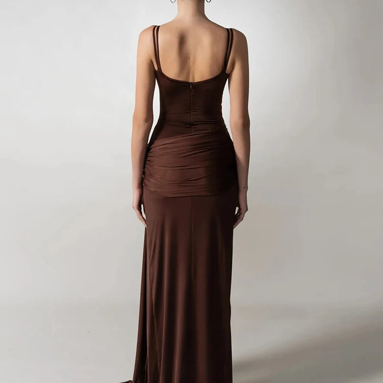 VC Chocolate Brown Strappy Sleeveless Draped Dress with High Slit & Cutout Detail for Formal Dinner Party Gown