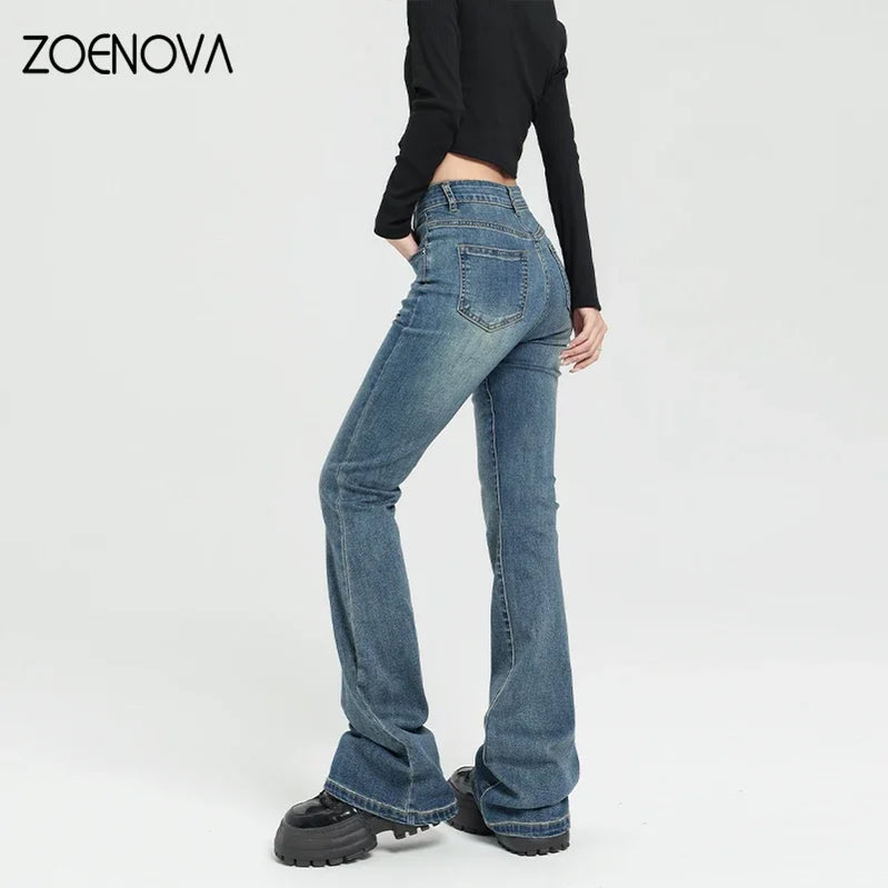 Autumn Women Vintage Denim Flare Pants Fashion New Casual Streetwear High Waist Slim Soft Mom Trouser Harajuku Y2K Jeans