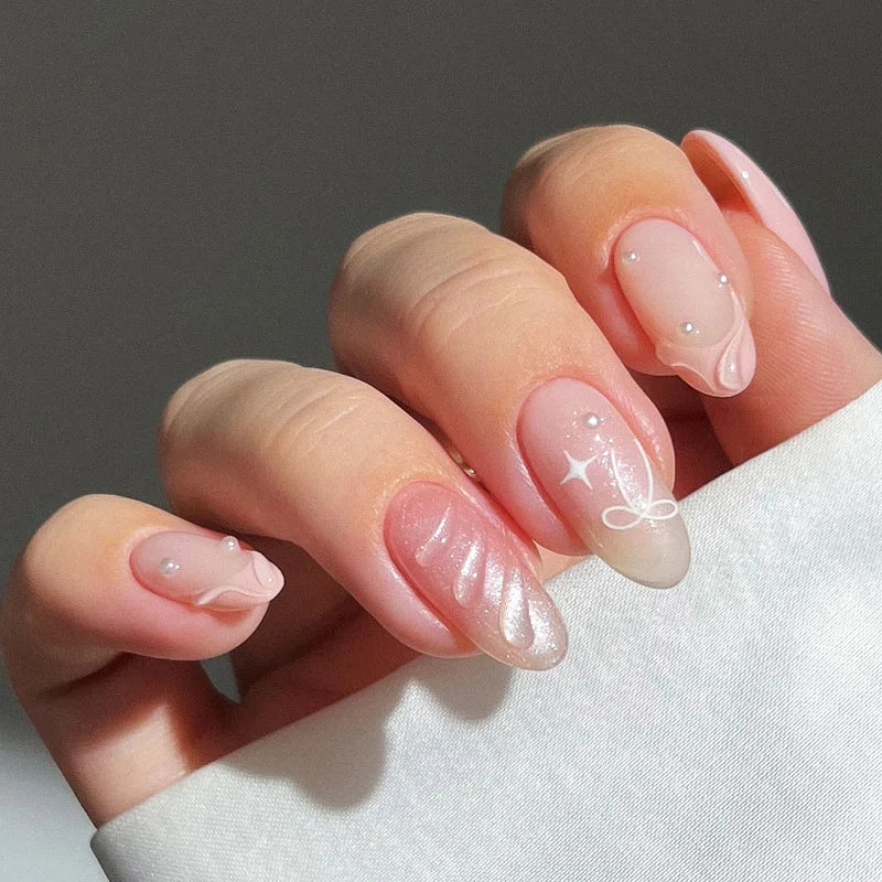 24Pcs Mid-length French Almond Fake Nail with Shiny Powder Design False Nail Art 3D Shell Pattern Datachable Press on Nails Tips