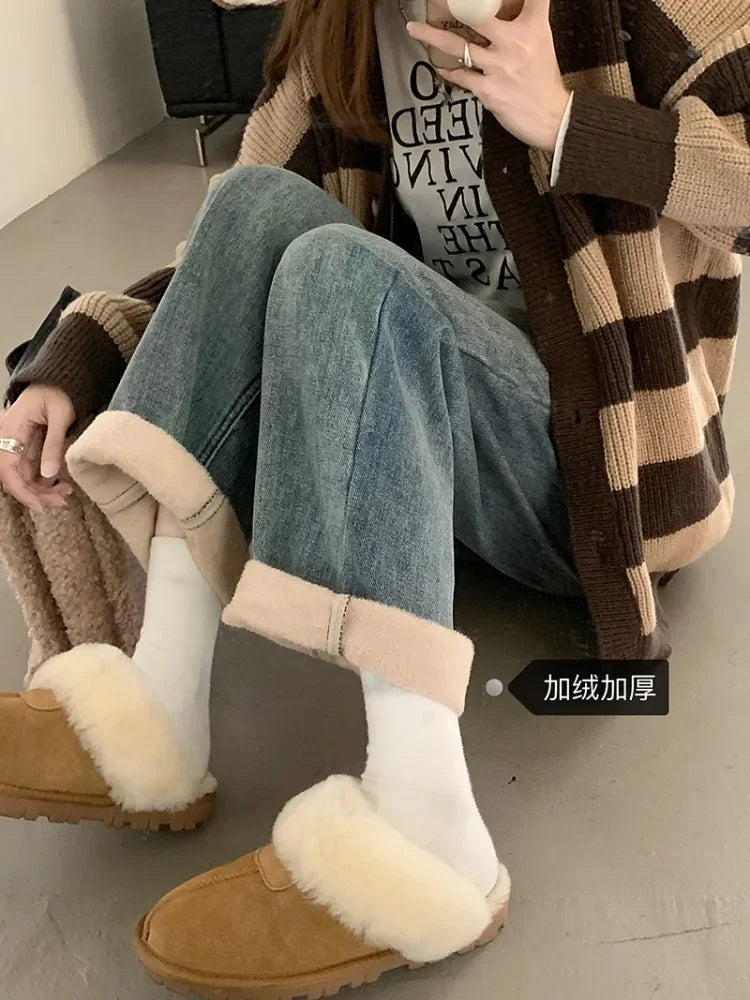 S-XL 2Colors Winter women long Straight wide leg denim pants Thick Warm High waist Denim jeans Trousers for womens+Belt Thickened