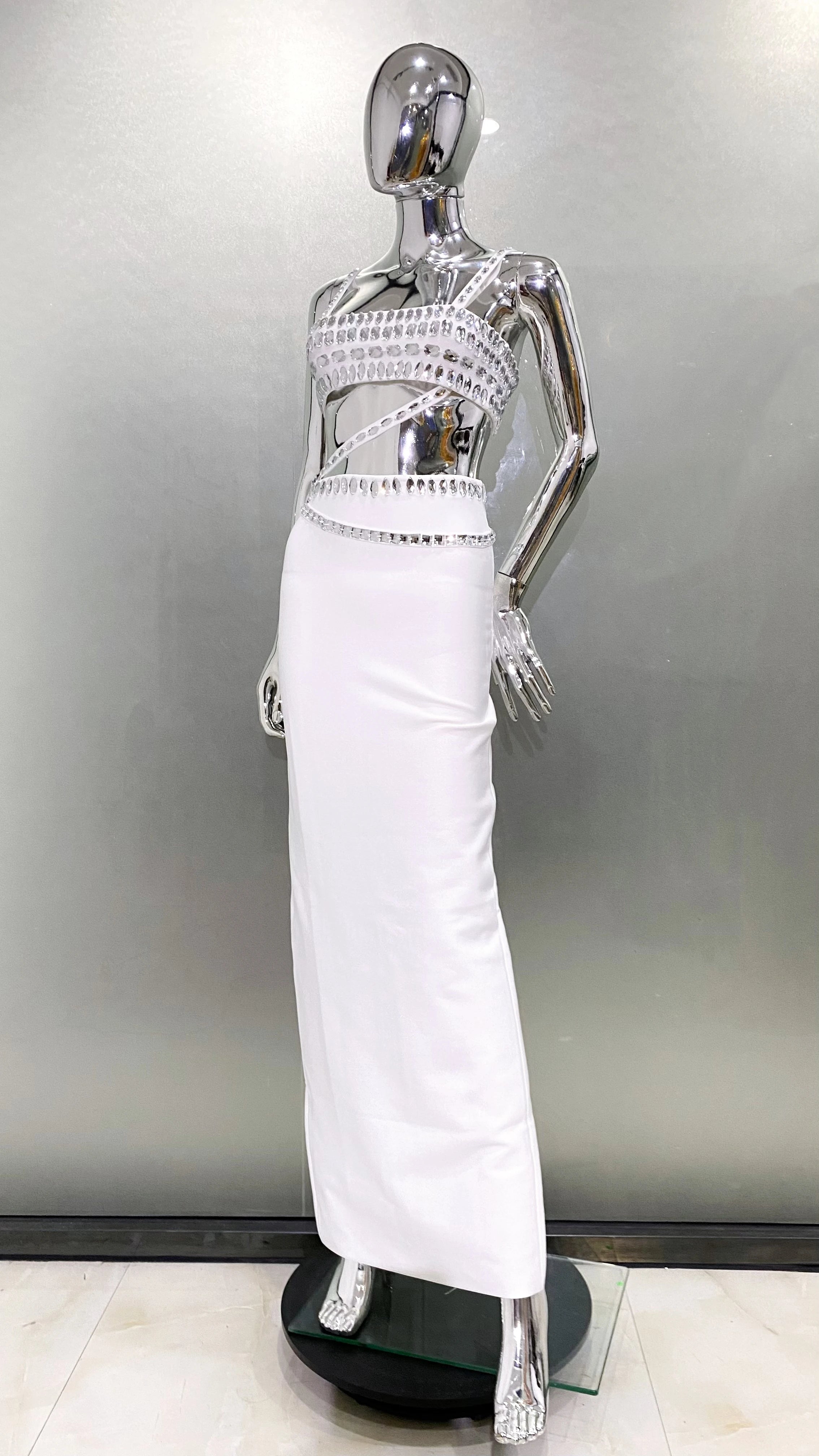 Sparkling Diamonds Woman Set Spaghetti Strap Top And Ankle Lenght Skirt  2 Pieces Evening Party Vestido Beach Vocation Outfit