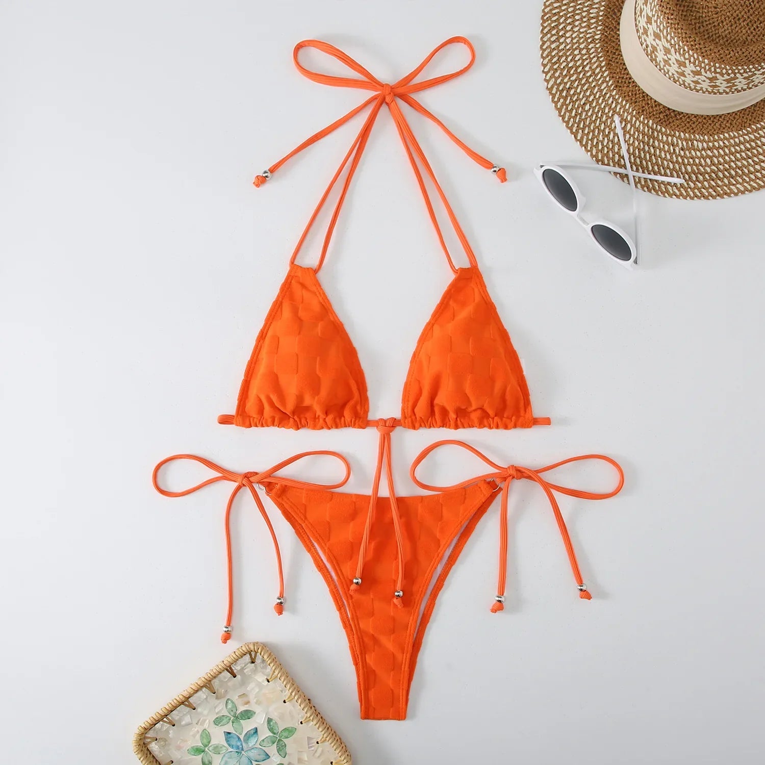 New Style Bikinis Set Sexy Solid Plaid Bikini Swimsuit Push Up Swim Swimwear 2 Piece Colorful Biquinis Orange