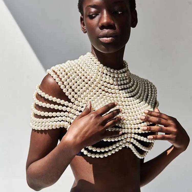 Chic Ins European American High Street Holiday Fashion Handmade Pearls Shawl Women Cape Smock Outerwear Celibrity Lady Cover Top