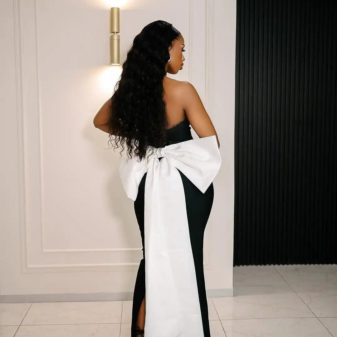 Top Quality Women Sexy Strapless Big White Bow Bodycon Long Bandage Dress Nightclub Party Celebrate Cocktail Outfit Vestido