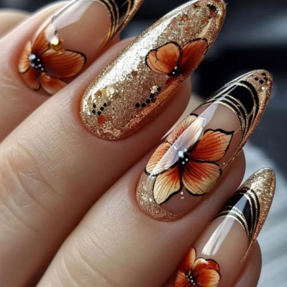 24pcs/set Medium long fake nails Swan fish flowers for summer season gradient almond square ballet tips press on false nails