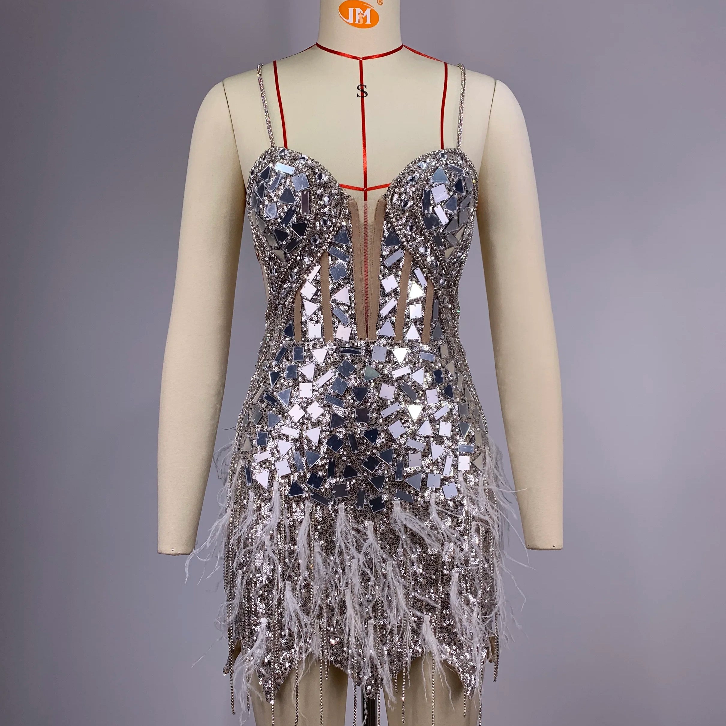 Sliver Sequins Diamonds Tassel Sexy V-Neck Strapless Mini Evening Dress Woman Birthday Party Outfit Stage Performance Costume