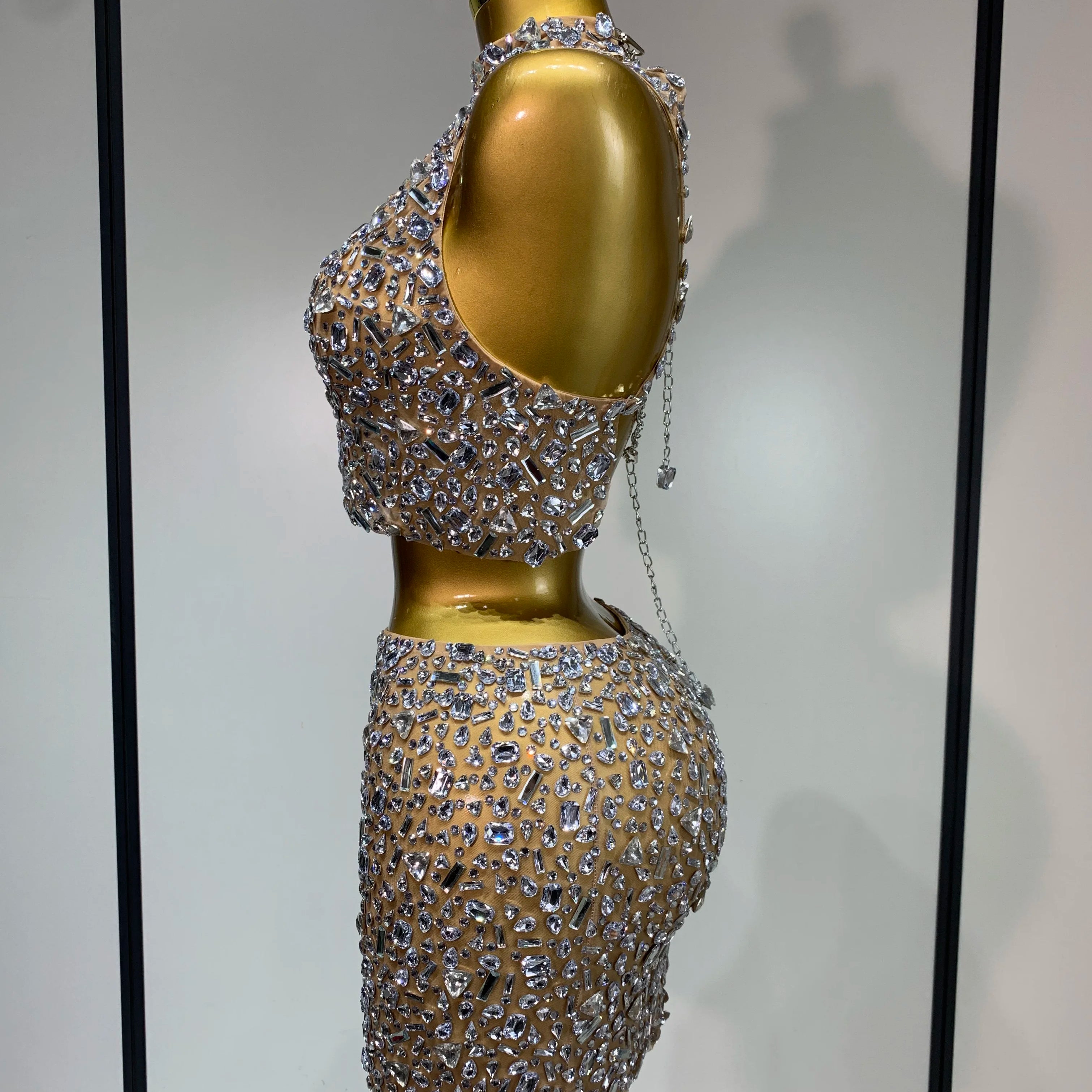 High Quality Sparkling Rhinestone Sexy See Through Blackless Top Skirt Two Pieces Set Woman Luxury Birthday Evening Party Gowns