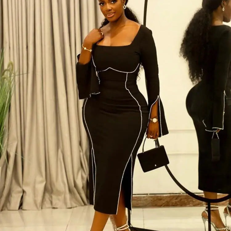 Sexy Rhinestone Black Dress Women Hipster Square Collar Full Sleeve Split Bodycon Midi Dresses Autumn Party Clubwear