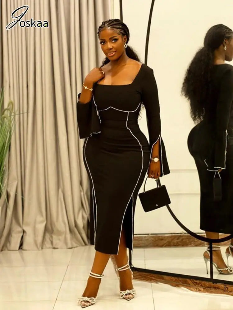 Sexy Rhinestone Black Dress Women Hipster Square Collar Full Sleeve Split Bodycon Midi Dresses Autumn Party Clubwear