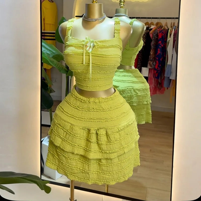 CM.YAYA Beach Boho Women's Set Strap Sleeveless Tank Top and Ruched Mini A-line Skirts Two 2 Piece Sets 2025 Summer Outfits