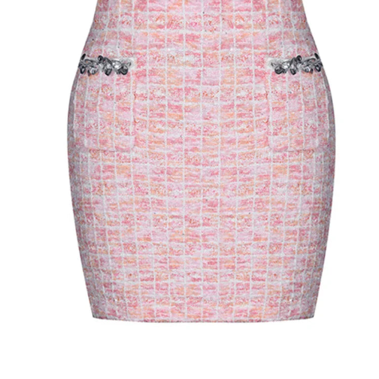 Two Piece Sets for Women Round Neck Long Sleeves Spliced Diamonds Top High Waist Patchwork Pockets Skirt Female New