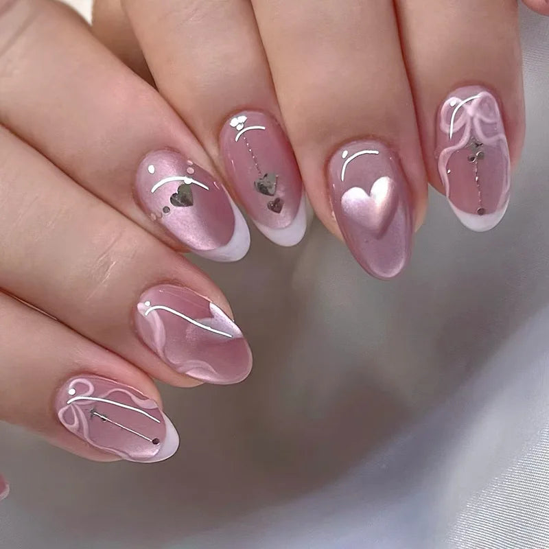 24Pcs Mid-length Almond Fake Nail Cat's Eye Love Heart Design Press on Nail Tip Butterfly Pattern Wearable Full Cover False Nail