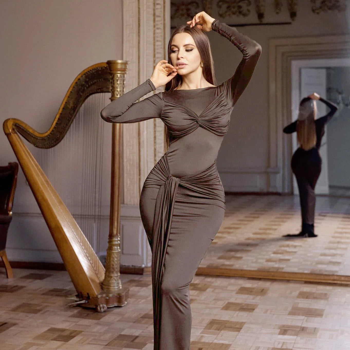 Women Celebrity Sexy O Neck Long Sleeve Gray White Maxi Long Gowns Dress  Elegant Evening Party Club Vestido