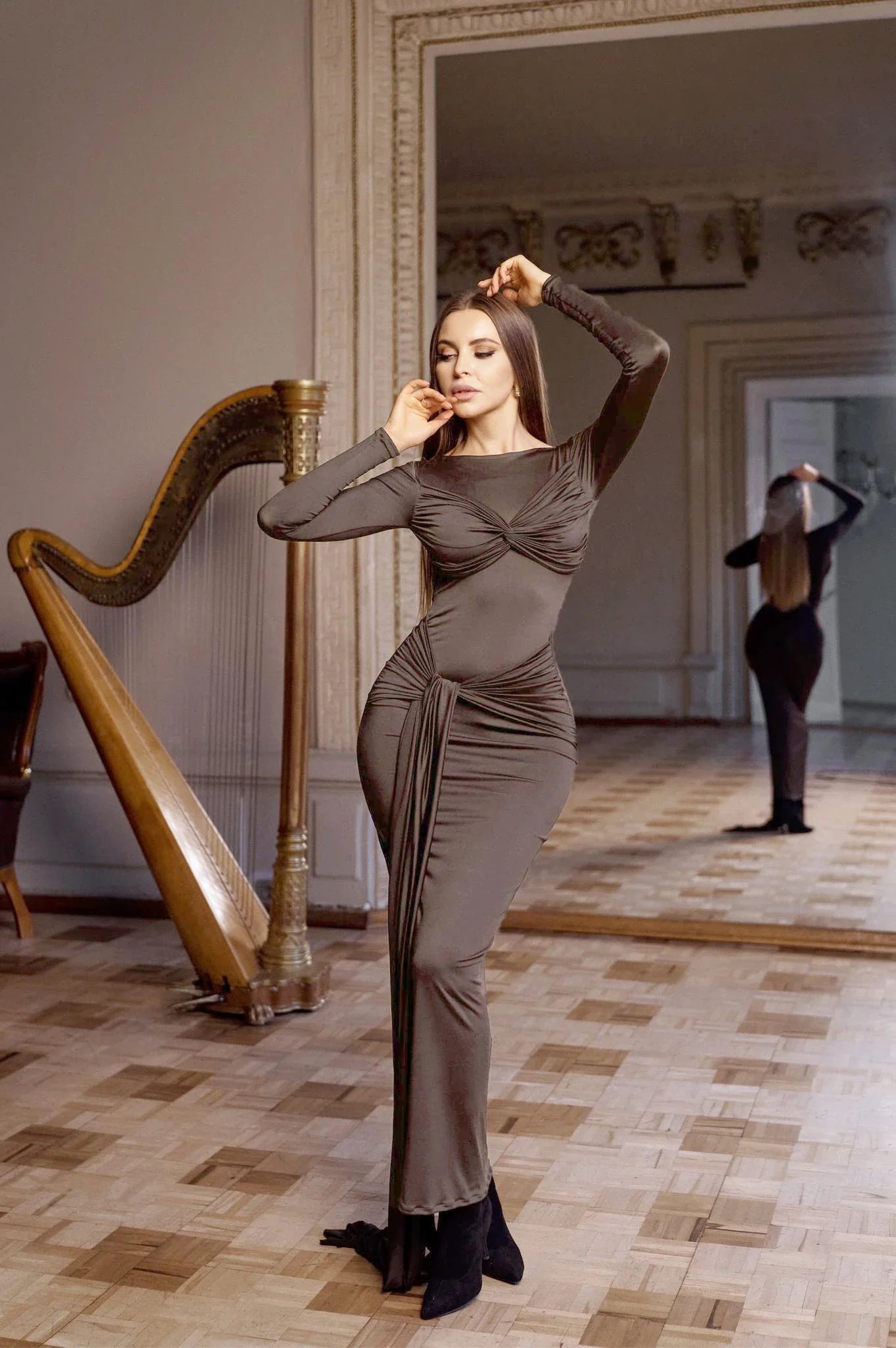 Women Celebrity Sexy O Neck Long Sleeve Gray White Maxi Long Gowns Dress  Elegant Evening Party Club Vestido