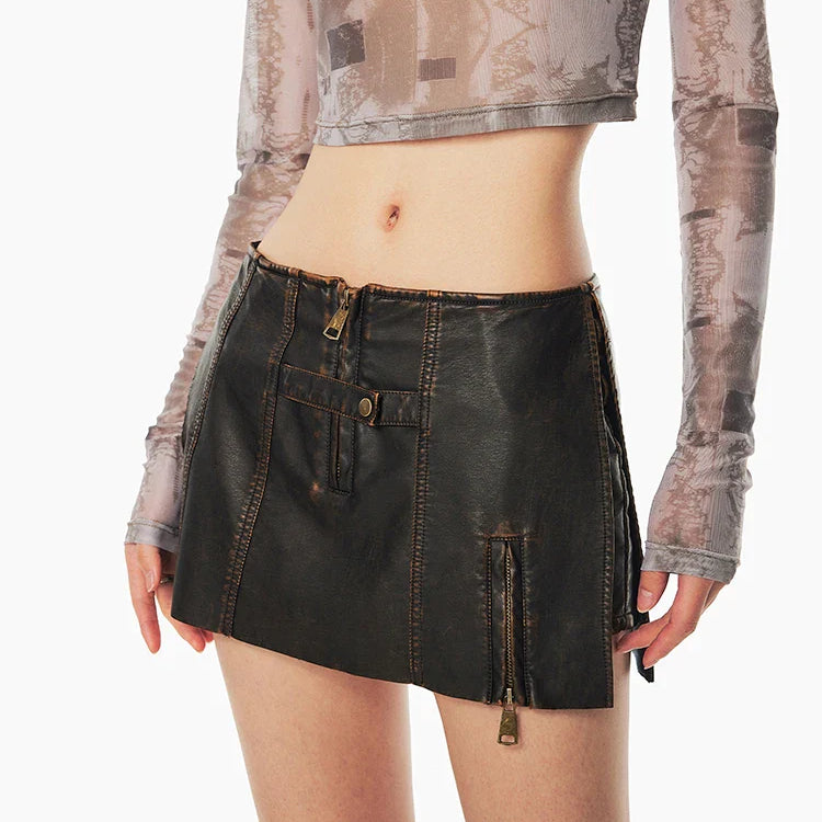 Spring Summer Cool Distressed Brown Pu Leather Mini Skirt Women with Shorts Low Waist Short Luxury Designer Clothes