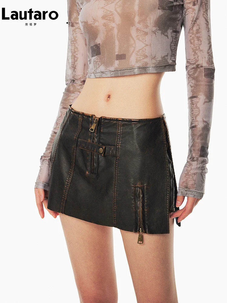 Spring Summer Cool Distressed Brown Pu Leather Mini Skirt Women with Shorts Low Waist Short Luxury Designer Clothes