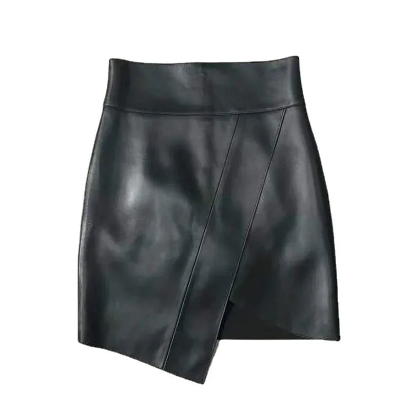 Tcyeek Real Leather Sheepskin Black Skirt Women Elegant New Leather Skirt Women's High Waist Mini Skirt Women Falda Sexy Mujer black