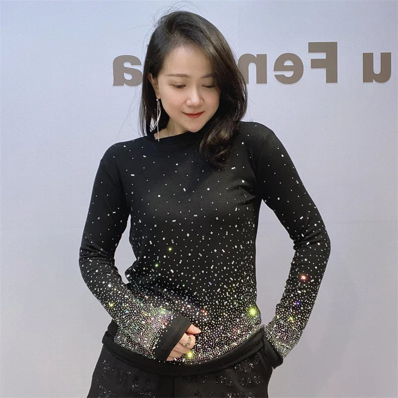 Women Shiny Rhinestones Long Shirt Women Glitter Hot Pressed Diamond base Shirt Casual Loose Women's Clothing Shirt