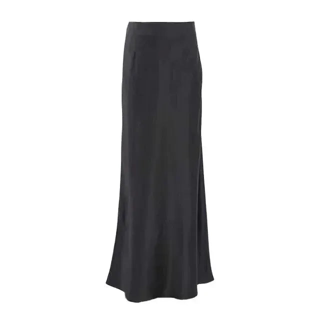Women's Black Elegant Satin Fashion Slim Skirts Four Seasons Casual High Waist Club Office Maxi Skirt Black