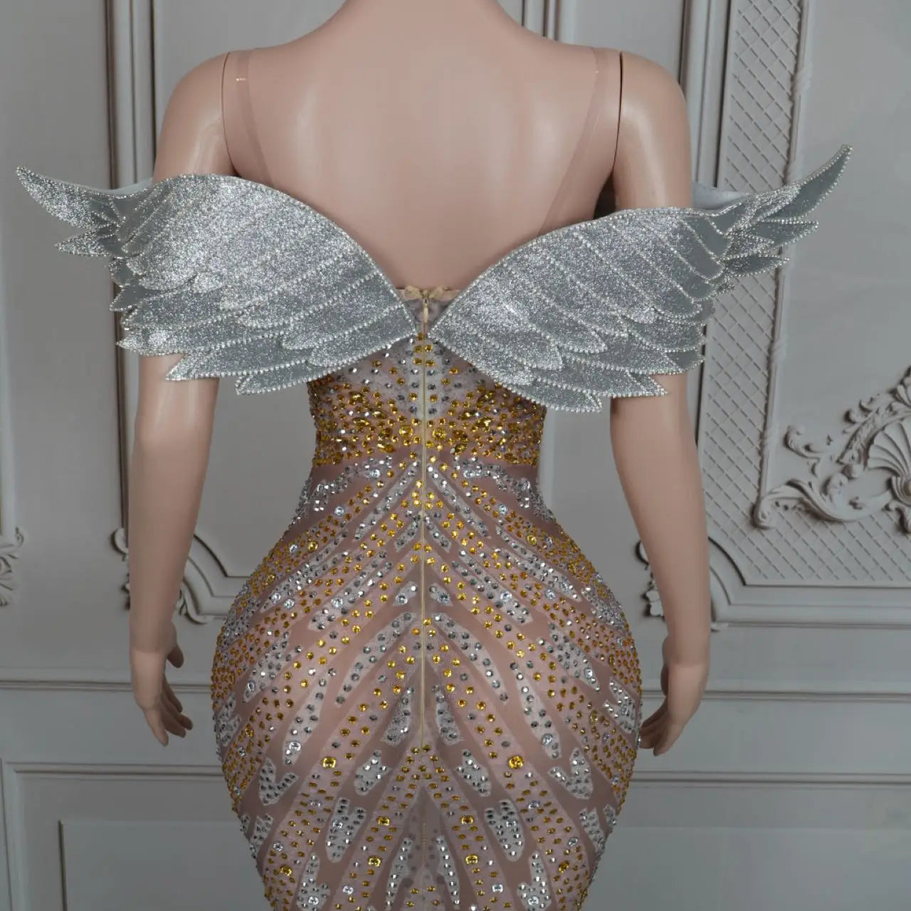 Luxury Sparkly Crystals Angel Gown Sexy Women Celebrate Party Dress High-end Wings Strapless Evening Dress Photo Shoot Wear Yuyi