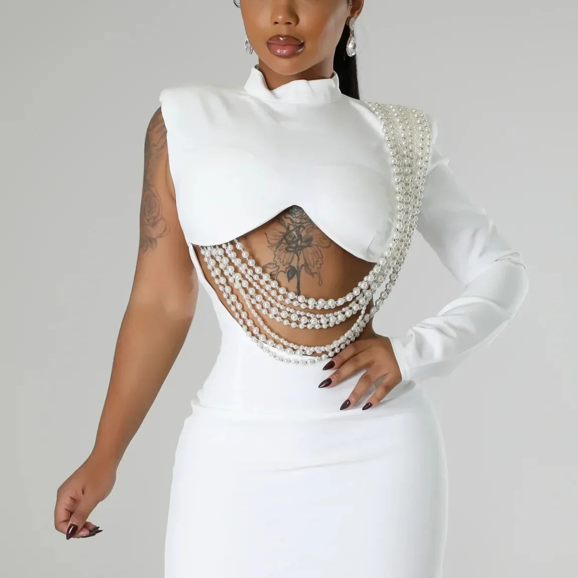 CM.YAYA Women Full Sleeve Elegant O-neck Mini Dress 2024 Summer Pearl String Sexy Street Night Club Party Vestidos Dresses