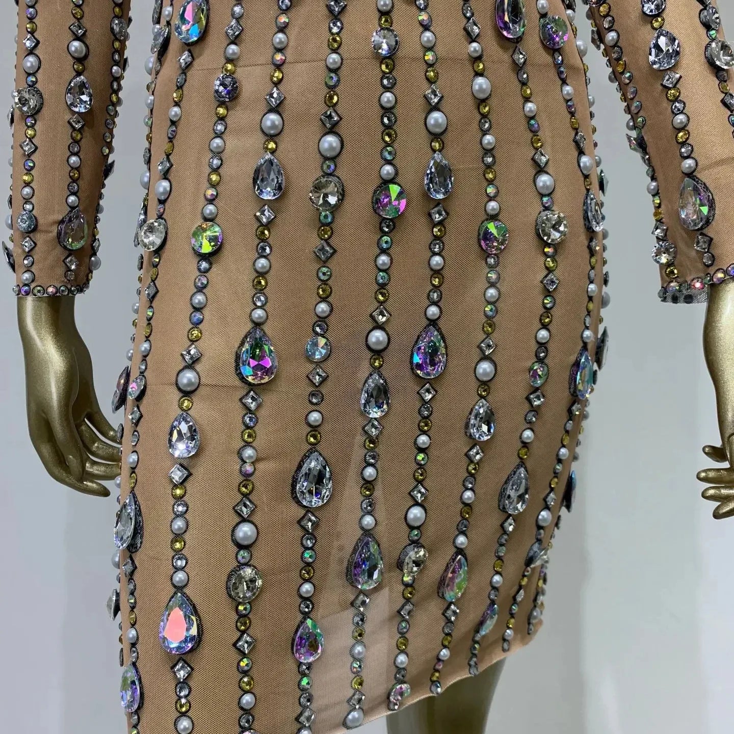 Stock Women Luxury Sexy Mesh Crystal Diamonds Beading Mini Dress Birthday Party Costume Bar Nightclub Stage Performance Clothing