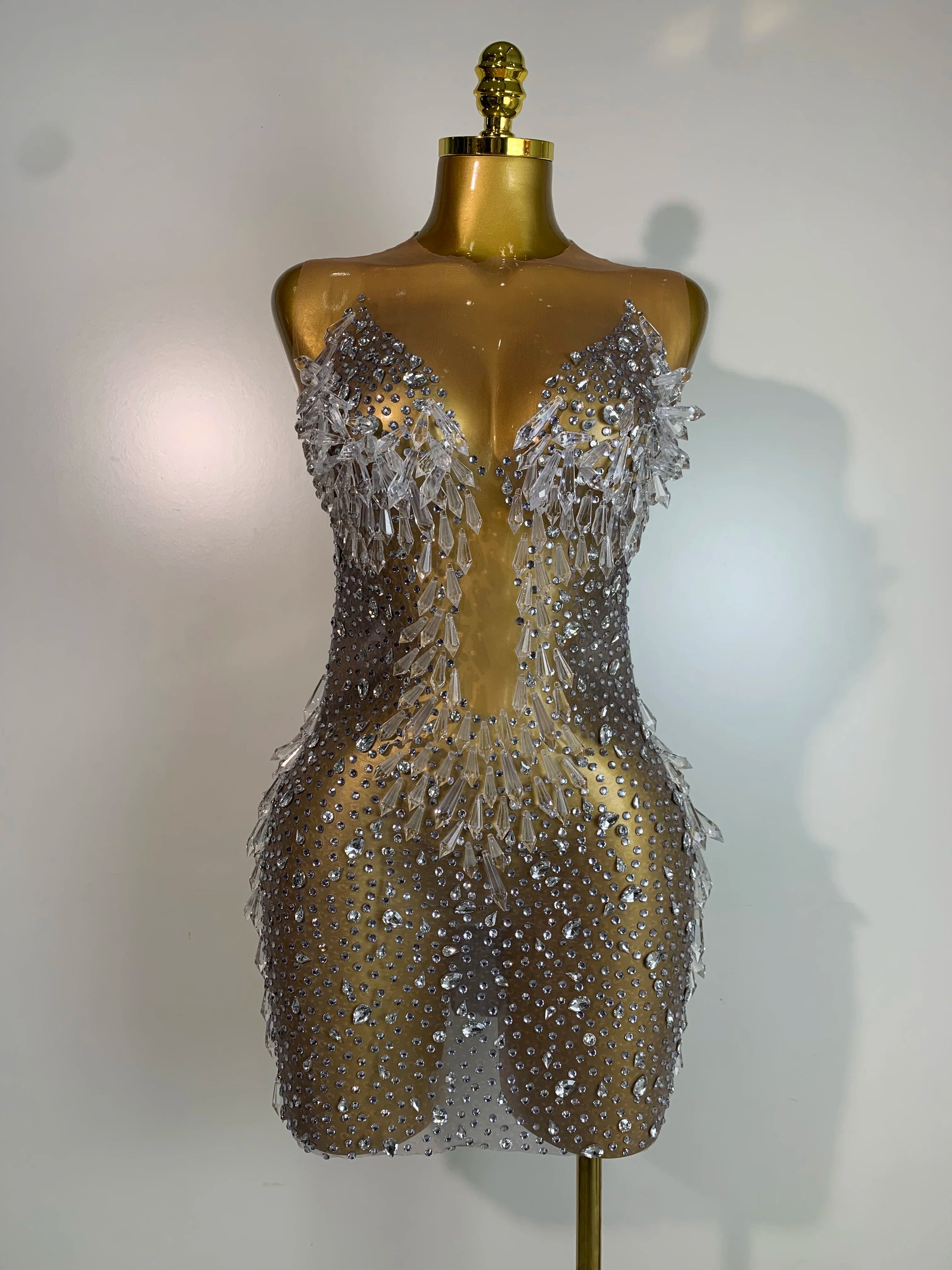 Stock Women Luxury Sexy Mesh Crystal Diamonds Mini Dress Birthday Party Costume Bar Nightclub Stage Performance Singer Outfit