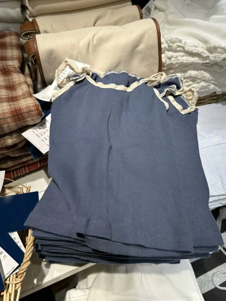 Casual Women Lace Edge Navy Camis Summer Casual Ladies Sleeveless Solid Color Female Chic Tops