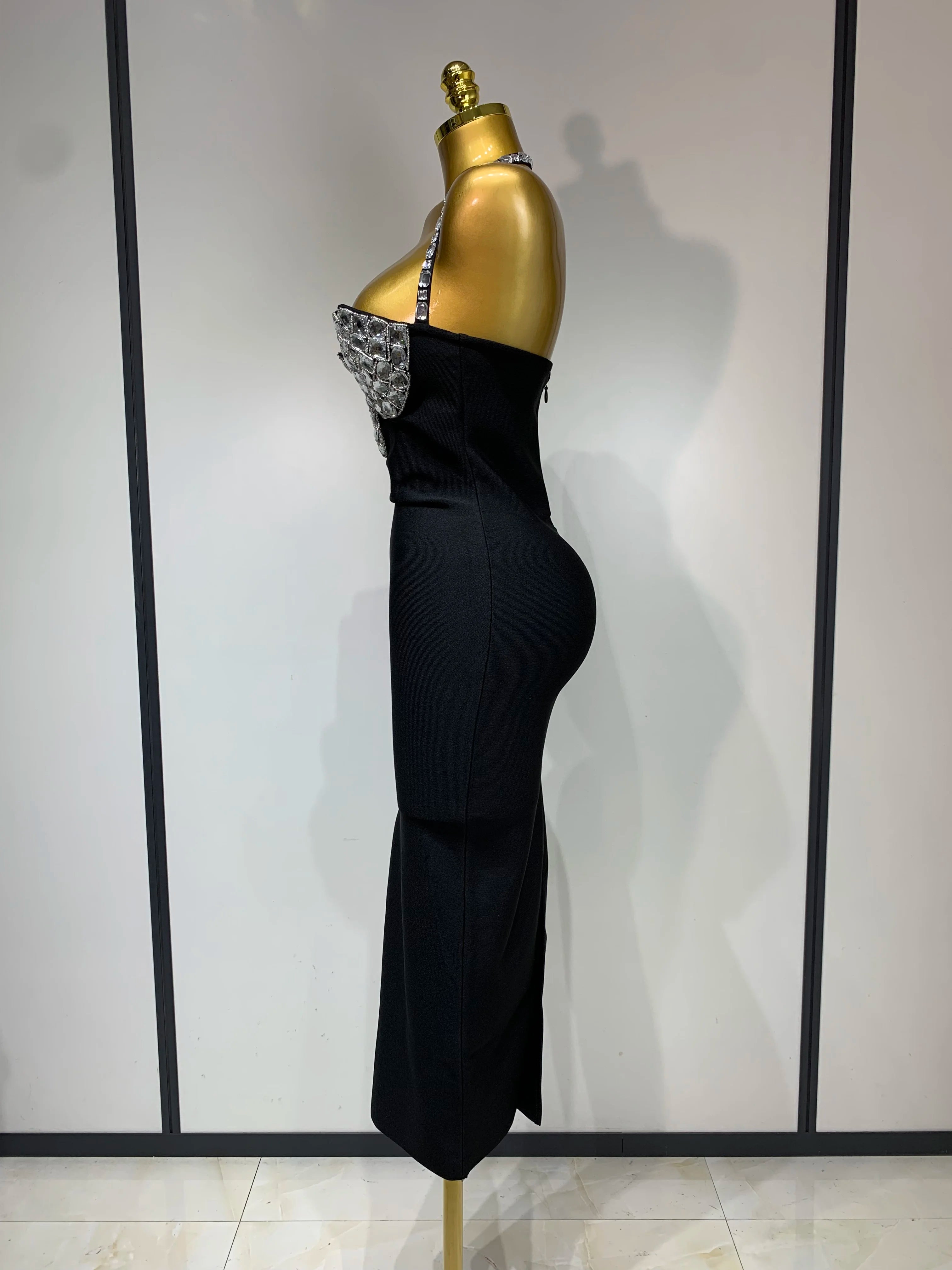 Vestido feminino sexy frente única com losangos, preto, sem mangas, colado ao corpo, vestido de festa para noite, vestido de aniversário de luxo