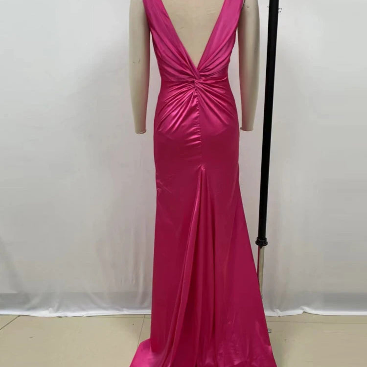 Rosered Color Women Sleeveless Deep V-Neck Satin Long Maxi Dress Celebrate Fashion Evening Party Prom Cocktail Dress Wholesale