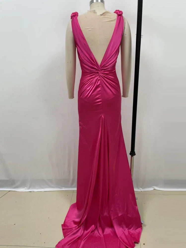 Rosered Color Women Sleeveless Deep V-Neck Satin Long Maxi Dress Celebrate Fashion Evening Party Prom Cocktail Dress Wholesale