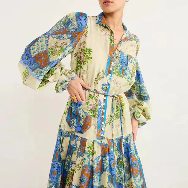 Elegant Loose Tie-Up Stand Collar Shirt Dress Women Fall Boho Print Pink Maxi Dress Fashion Geometric Cartoon Pattern Long Dress 04 Blue Print