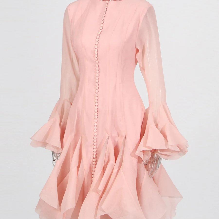 TWOTWINSTYLE Solid Spliced Button Slimming Dresses For Women O Neck Long Sleeve High Waist Patchwork Ruffles Female Fashion