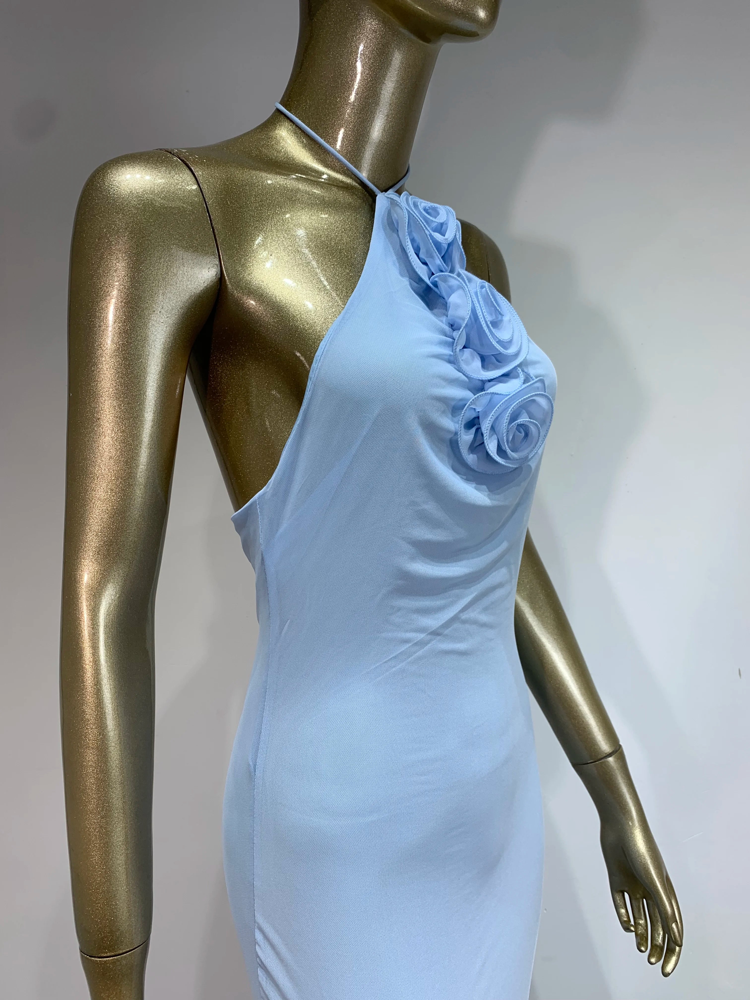 Women Celebrity Sexy Backless Halter Flower Sky Blue Maxi Long Gowns Dress 2024 Elegant Evening Party Club Dress Vestido