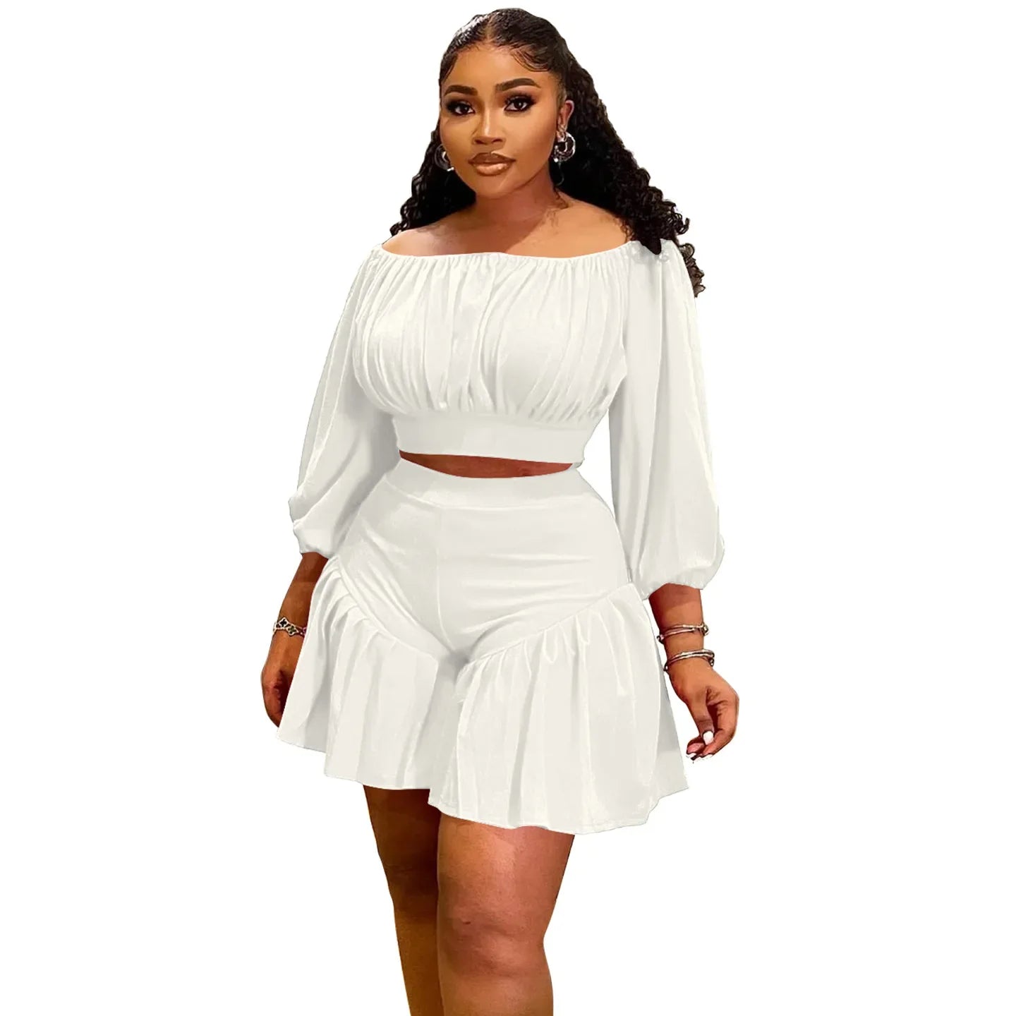 CM.YAYA Plus Size Women's Set Long Sleeve Slash Neck T-Shirt and Shorts 2025 Summer Ruched Two 2 Piece Set Outfits Tracksuit