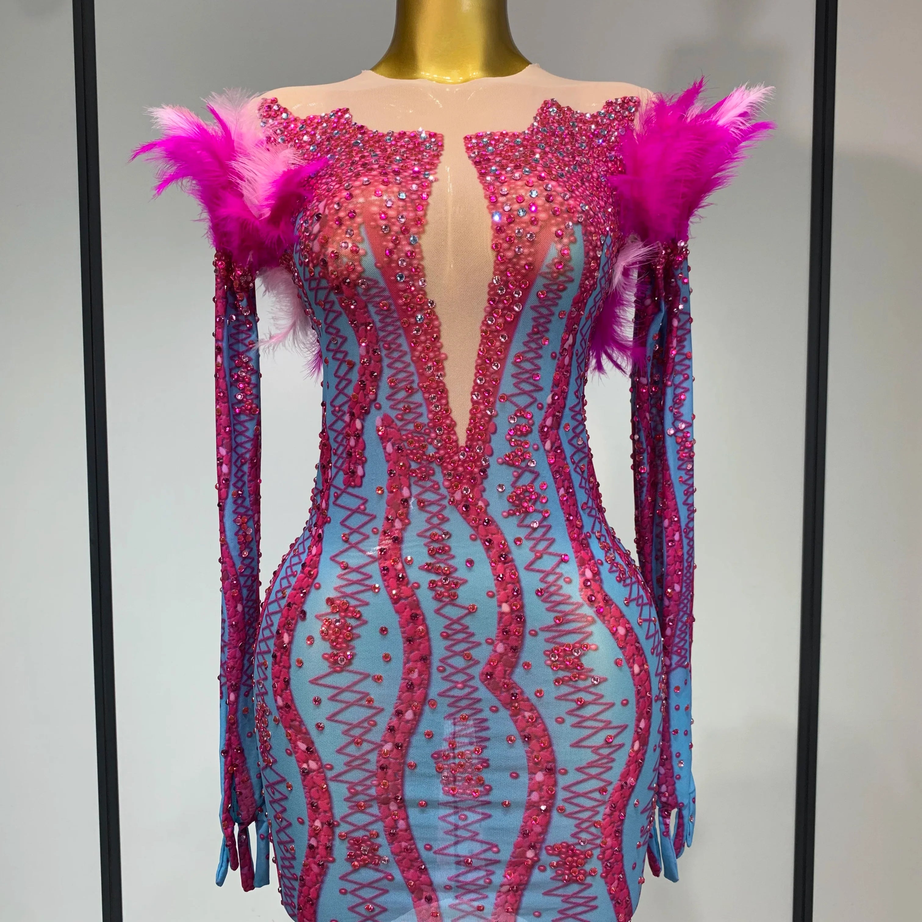 Women Sexy Mesh See Through Diamond Feather Dress  Elegant Evening Party Luxury Birthday Nightclub Performance Stage Costume