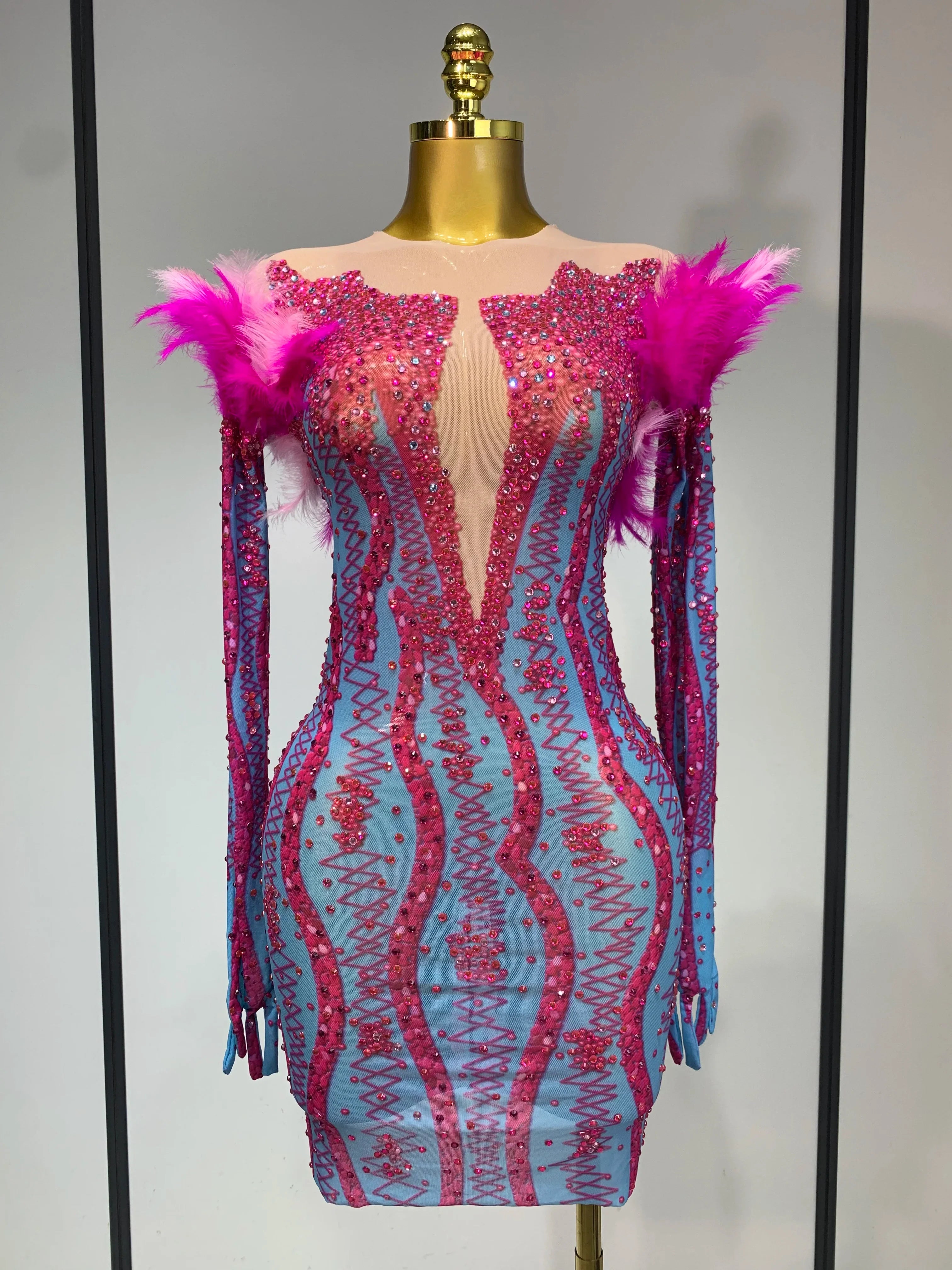 Women Sexy Mesh See Through Diamond Feather Dress  Elegant Evening Party Luxury Birthday Nightclub Performance Stage Costume