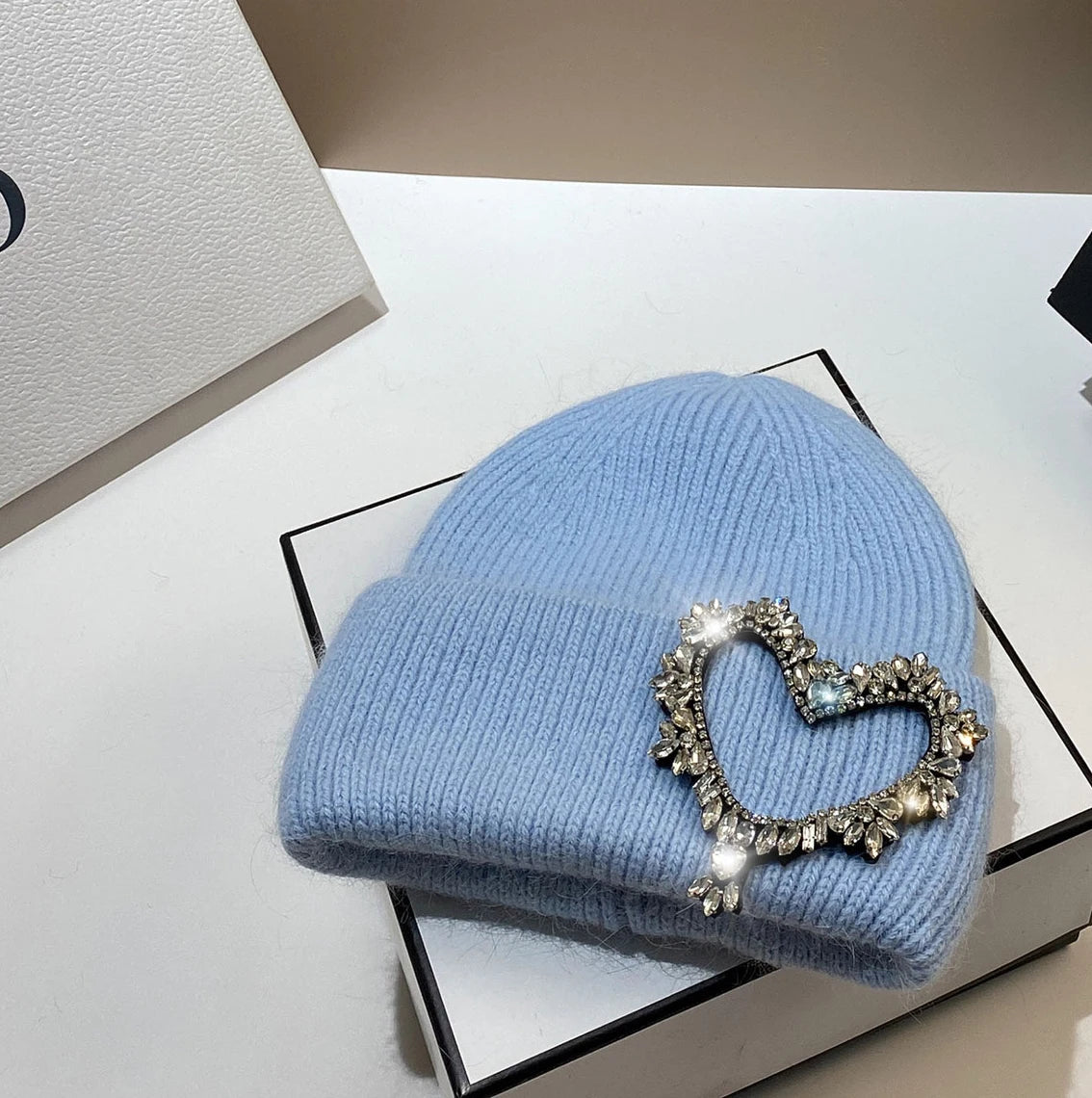Luxury Heart Rhinestone Winter Beanies Women Solid Color Real Rabbit Fur Knitted Hat Lady Fashion Warm Pullover Caps Gifts light blue Adult