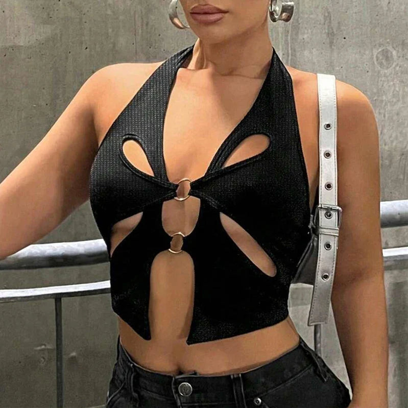 Sexy Black Halter Women's Y2k Crop Tops Sleeveless Hollowing Out Backless Fashion Female New Summer Grunge Slim Tank Tops