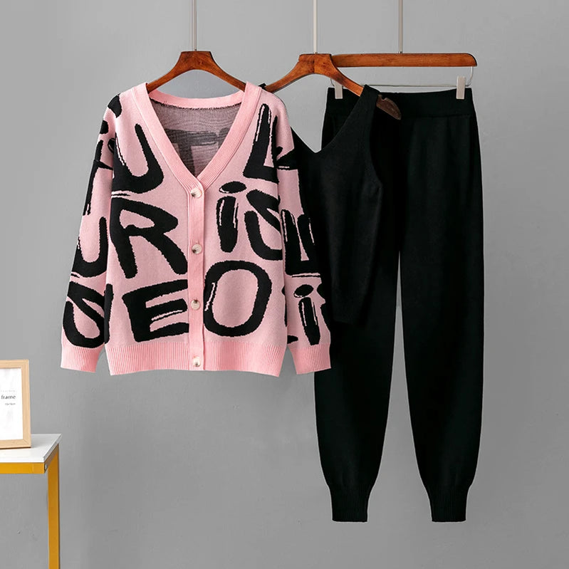 Autumn Winther 3 Piece Women Cardigan Tracksuits Letters Knitted Pocket Pants Set Ladies Sweater Suit European Fashion Outfits Pink One Size