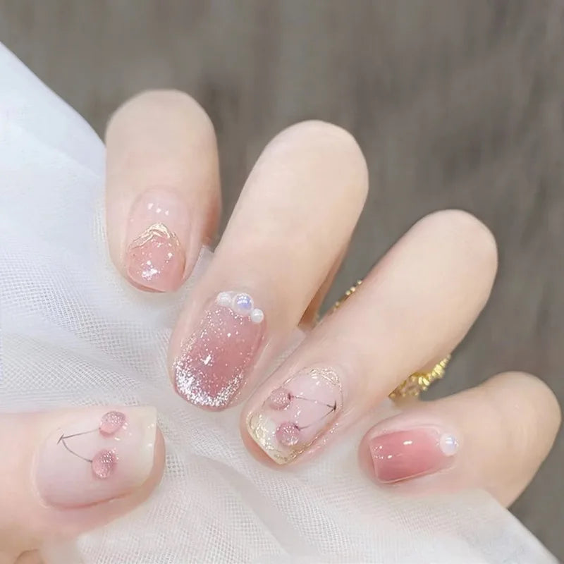 24Pcs Short Square Round Head Fake Nails Pink Cat's Eye Pearl Cherry Pattern French Tips Finished Nail Glitter Wearable Manicure