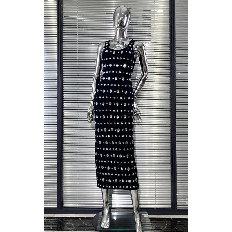 Sparkling Diamonds Sleeveless Package Black Bandage Ankle Length Dress Woman evening Party Dress Celebrity Birthday Party Outfit