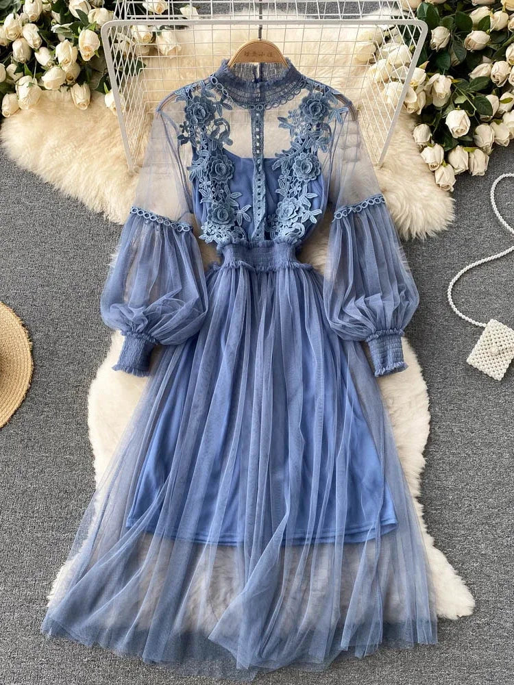 Women Party Lace Flower Dress Gauze Lantern Sleeve Voile Long Dress Female Retro Hook Princess Dress 2 Piece Set blue