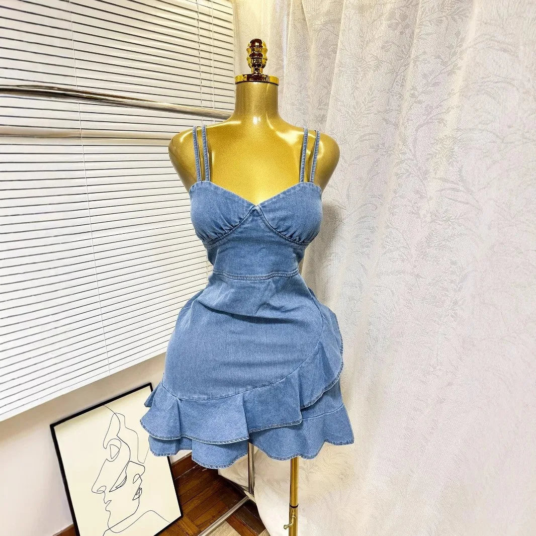 CM.YAYA Women Spaghetti Strap V-neck Ruffles Hem Denim A-line Mini Dress 2025 Chic Birthday Night Club Party Vestidos Dresses