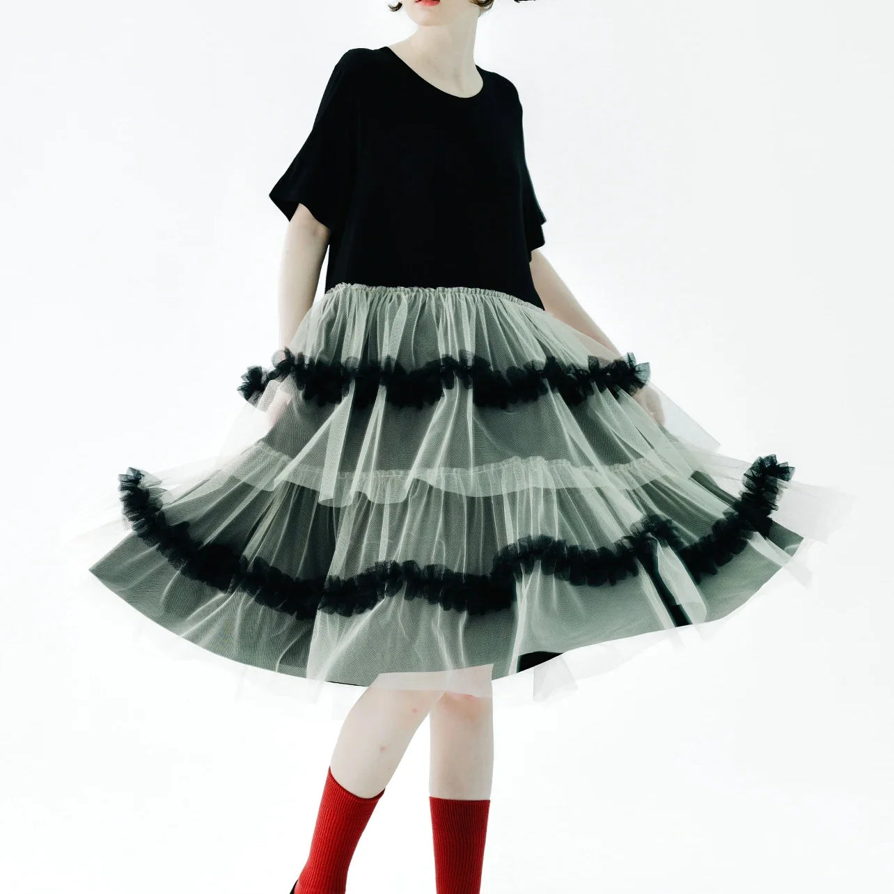 IMAKOKONI Original Design Black Short Sleeve Dress Mesh Splice Casual Loose Fit Dress 234147