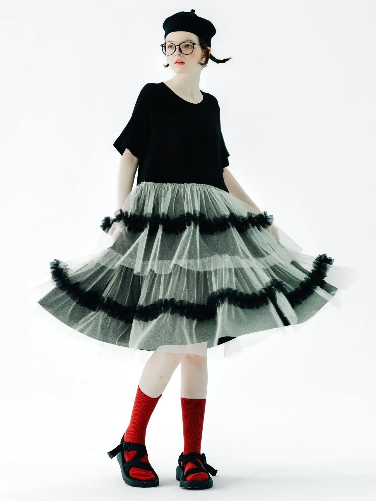 IMAKOKONI Original Design Black Short Sleeve Dress Mesh Splice Casual Loose Fit Dress 234147