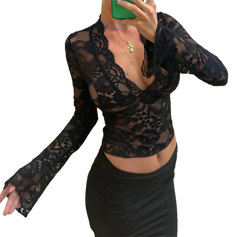 Xingqing Aesthetic Lace Top Women Sexy Clothing See Through Deep V Neck Flared Long Sleeve T Shirts Party Clothes Clubwear As photo shows 1