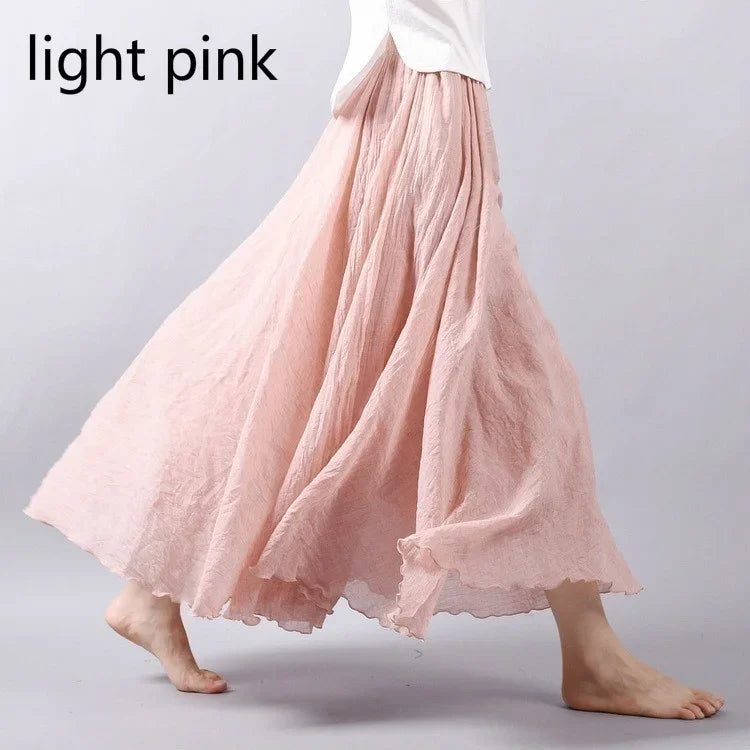 14 Colors Linen Maxi Skirt Pleated Vintage Boho Maxi Long Casual Cotton Beach Skirt Empire A-Line Linen Skirt Ladies Clothing lightpink One Size