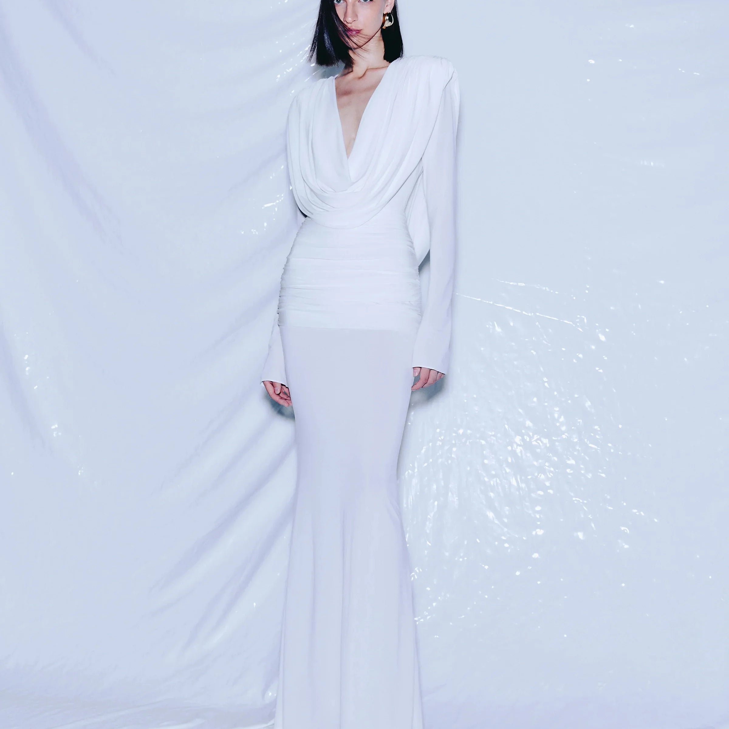 Women Celebrity Sexy Long Sleeve Deep V Neck Ruched White Maxi Long Gowns Dress 2025 Elegant Evening Party Club Vestido
